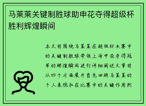 马莱莱关键制胜球助申花夺得超级杯胜利辉煌瞬间