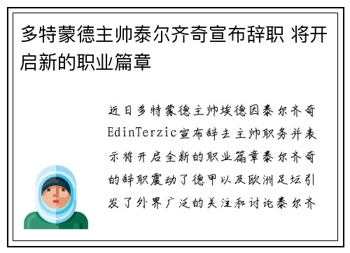 多特蒙德主帅泰尔齐奇宣布辞职 将开启新的职业篇章